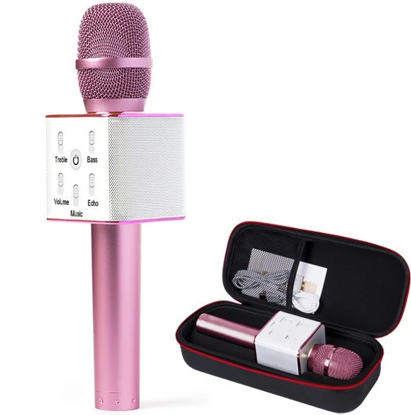 

Портативный микрофон для караоке Q7 USB Bluetooth с футляром 25см 2в1 розовый