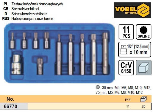 

Набор насадки биты SPLINE Польша специальные 1/2" 11 штук VOREL-66770
