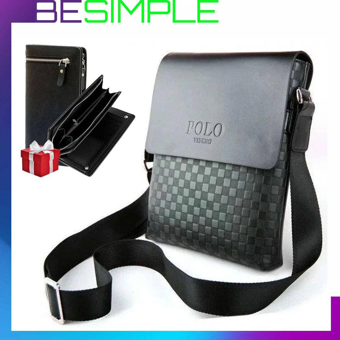 

Мужская сумка PU кожи Polo Videng Paris + Подарок Портмоне Baellerry Italia / Портфель через плече в клетку, Черный