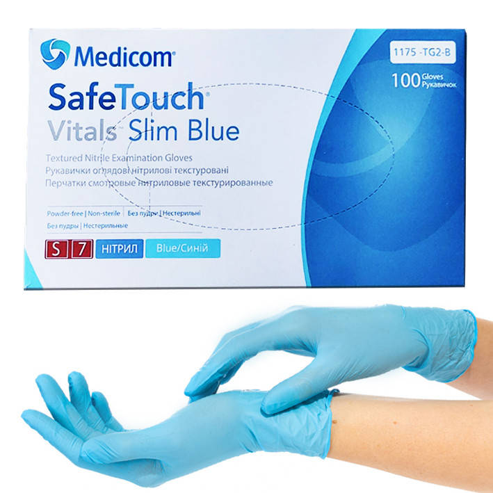 

Нитриловые перчатки (100шт/уп) Медиком SafeTouch® Advanced Slim Blue S (6-7), Голубой