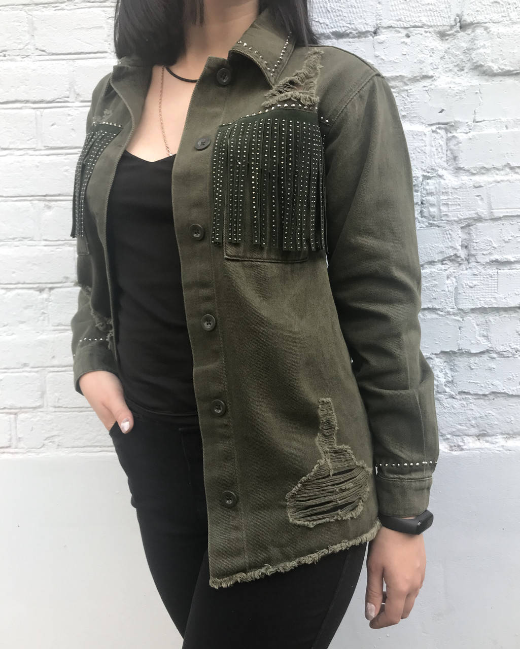 

Куртка рубашка джинсовая женская с бахромой ZR (хаки)