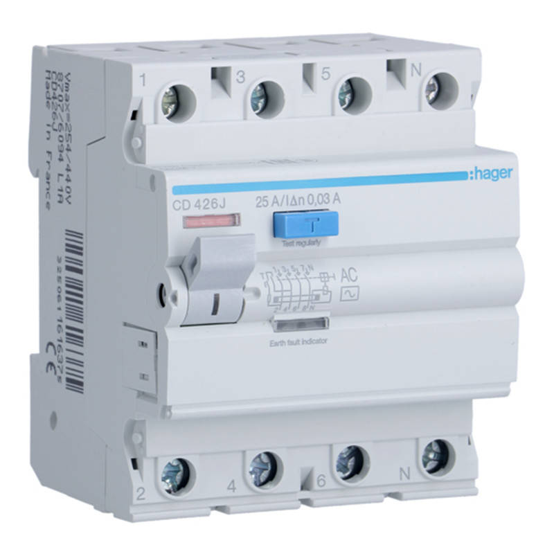 

Дифреле (УЗО) Hager 4п 25А 30мА АС (CD426J)