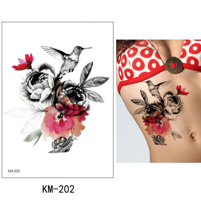 

Флеш тату. 21*15 см. Временная. Переводная, Колибри, Пионы, KM-202 (S), Ч/Б