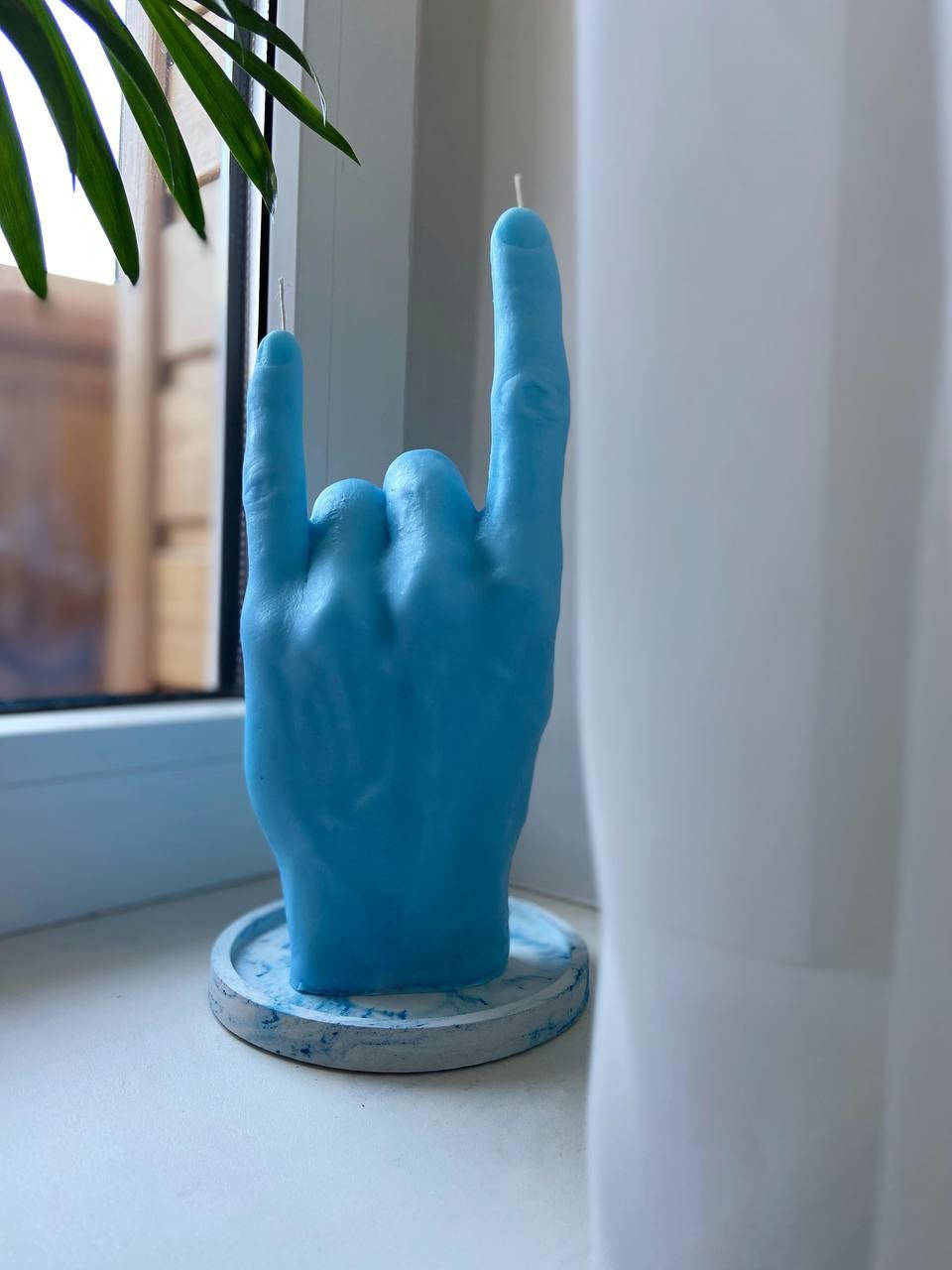 

Свеча синяя жест руки «ROCK», Синий