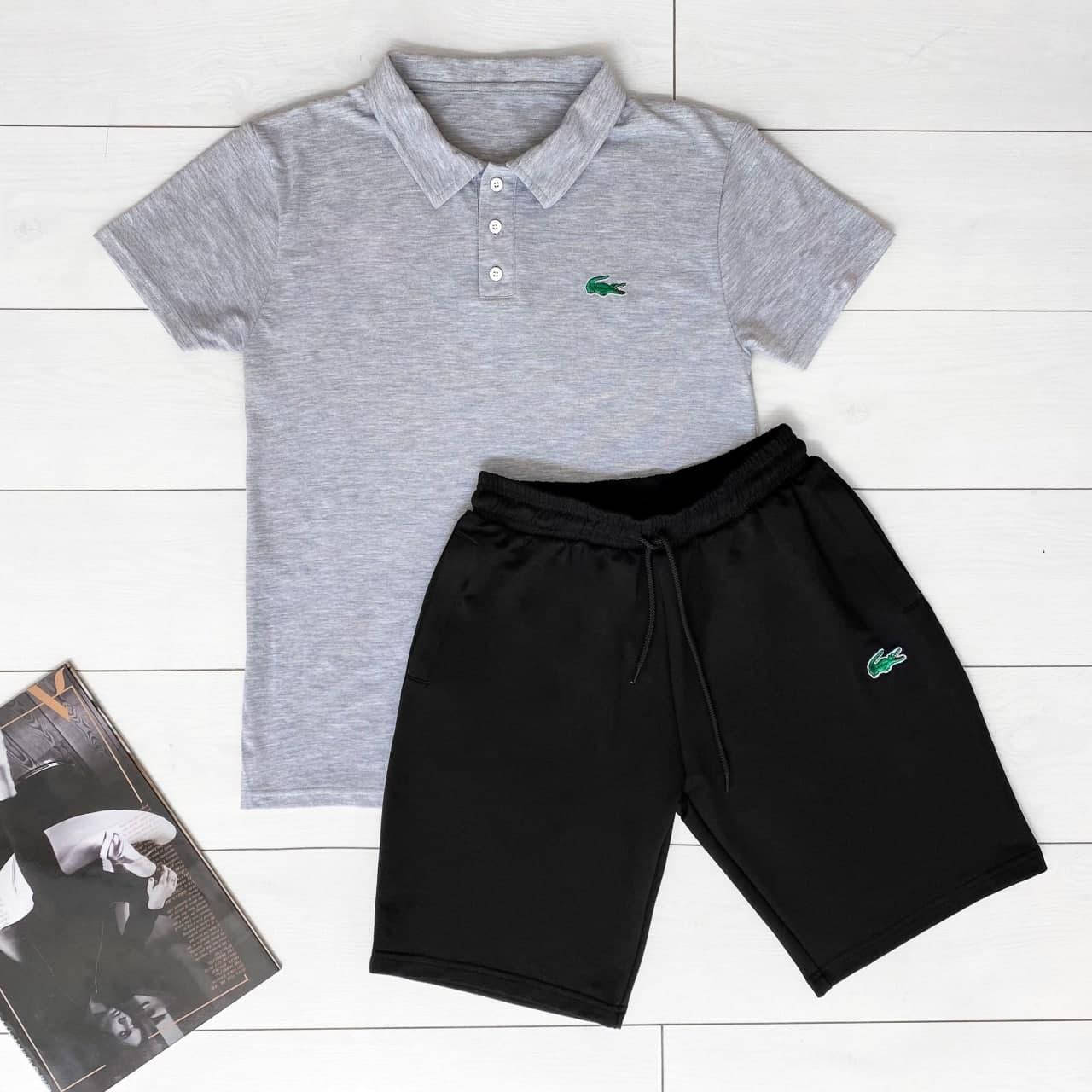 

Мужской спортивный костюм с шортами и поло Lacoste хлопковый однотонный повседневный на лето серый с черным, Разные цвета