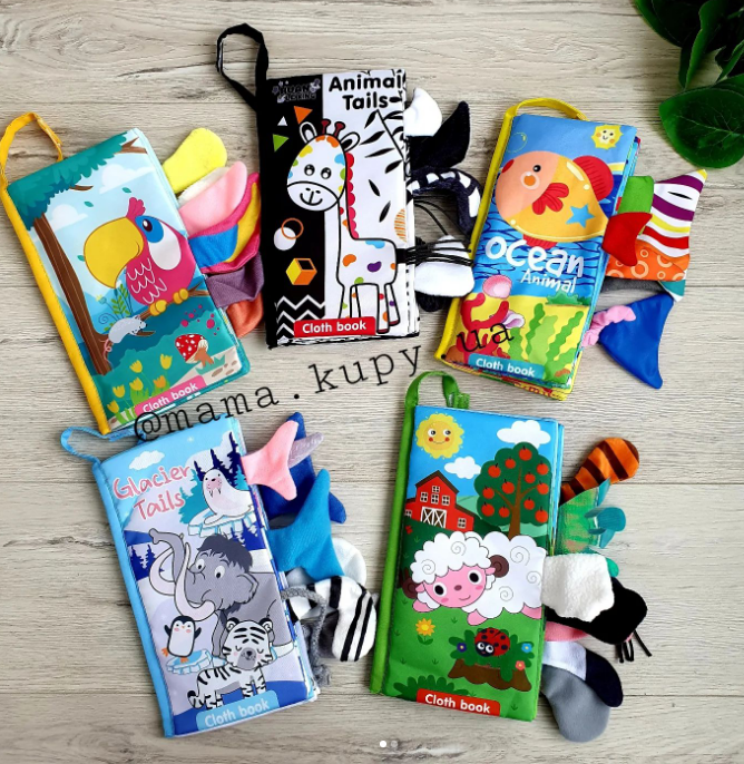 

Книга мягкая 01-5 (60шт) 6 видов, тактильная,мягкие хвосты животных, в пакете 21*12*2,5см