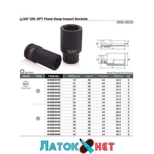 

Головка торцевая 3/4 22 мм ударная длинная 6-гранная KABE2422 Toptul