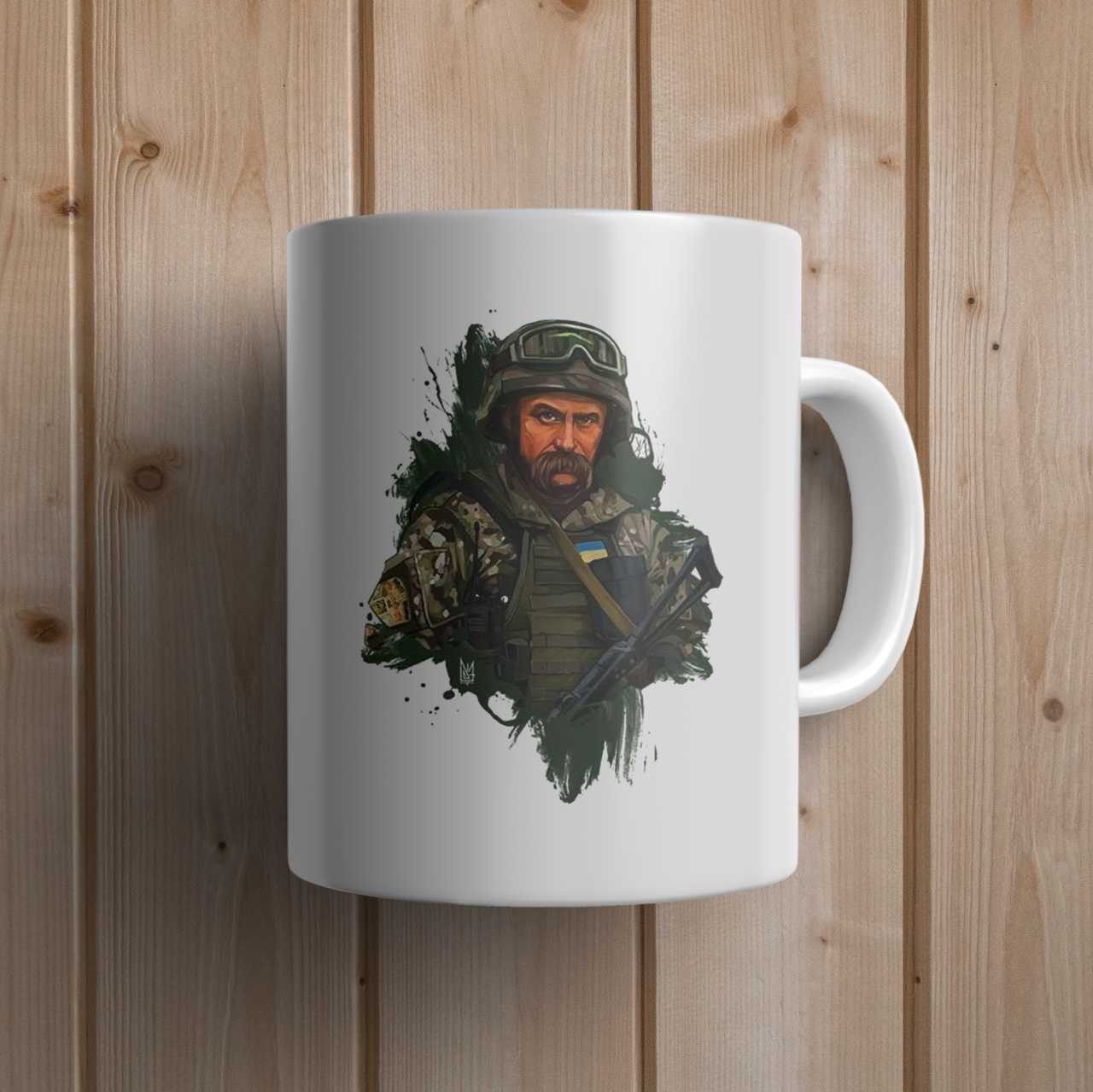 

Кружка керамическая с принтом "Тарас Шевченко в военной форме" 330 мл Белая, Белый