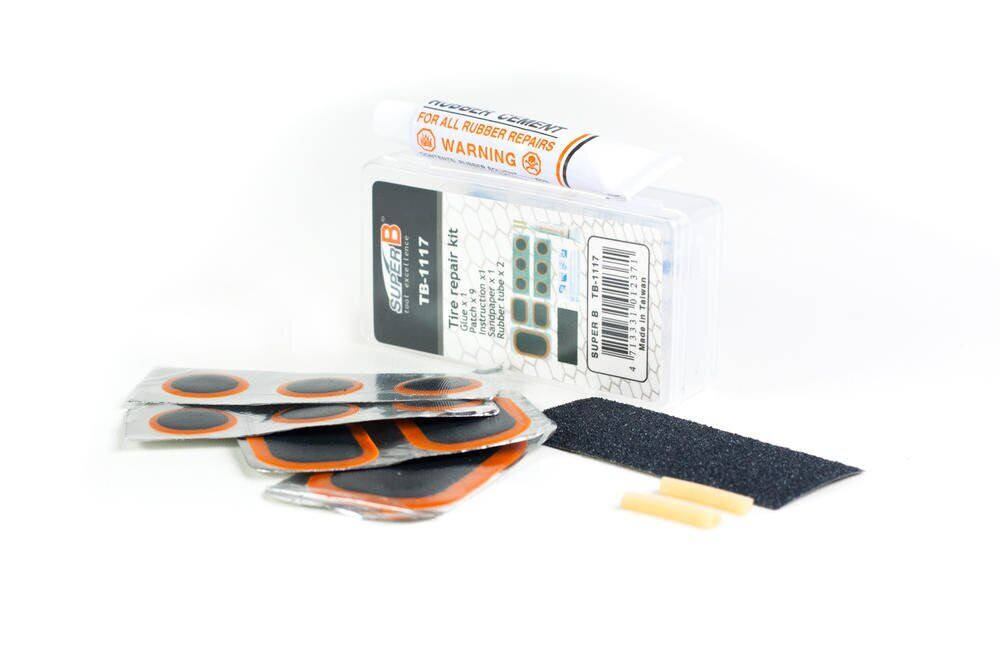 

Велоаптечка SuperB в пластиковом боксе (9 заплат. 1 наждак. 10 мл клея)