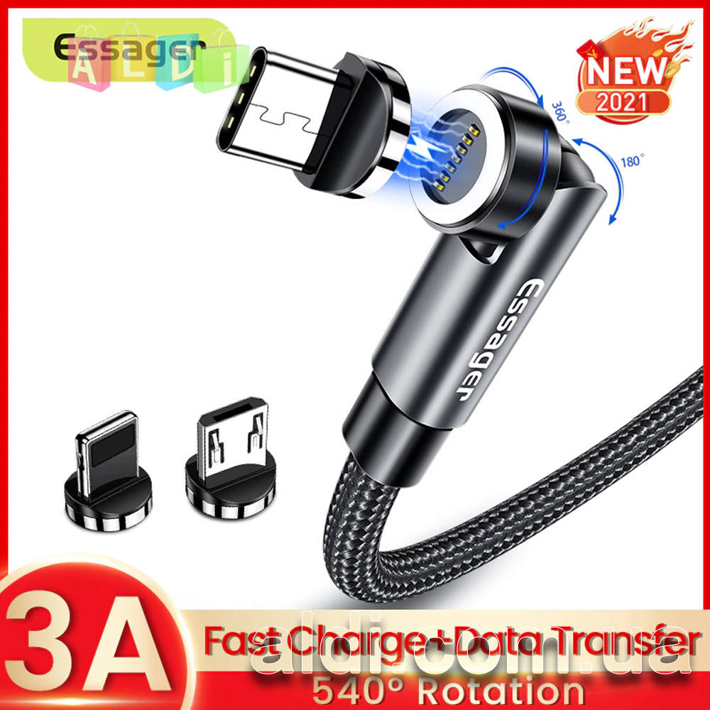

НОВИНКА! Магнитный поворотный 360 USB кабель для быстрой зарядки и передачи данных Essager Elough, Черный