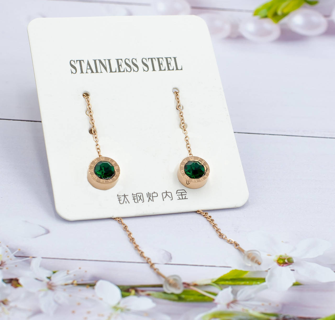 

Серьги протяжки Stainless Steel/ медицинская сталь с зеленым цирконом - позолота РО, высота 9 см, ширина 8 мм