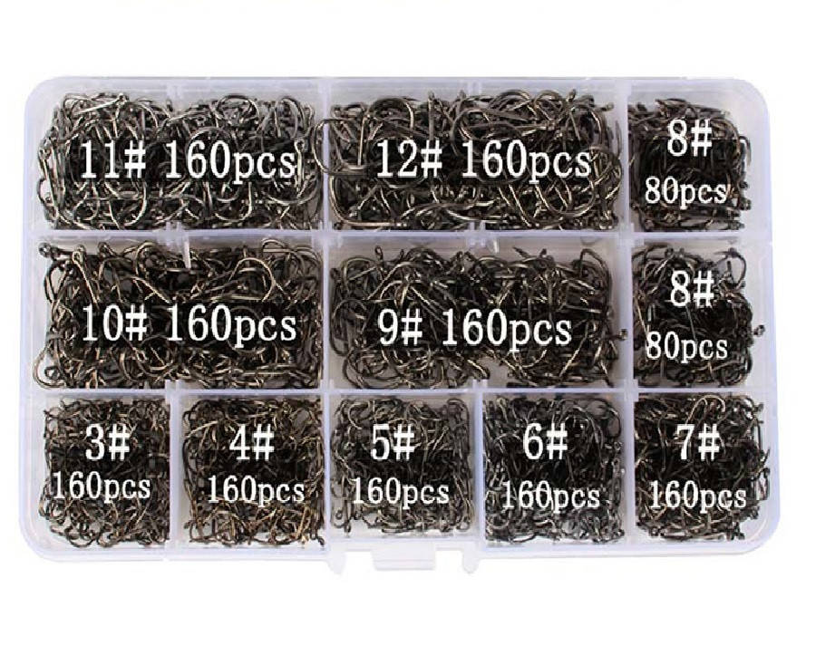 

Набор черных крючков для рыболовли №3-12 Sviland, 10 размеров по 160 штук