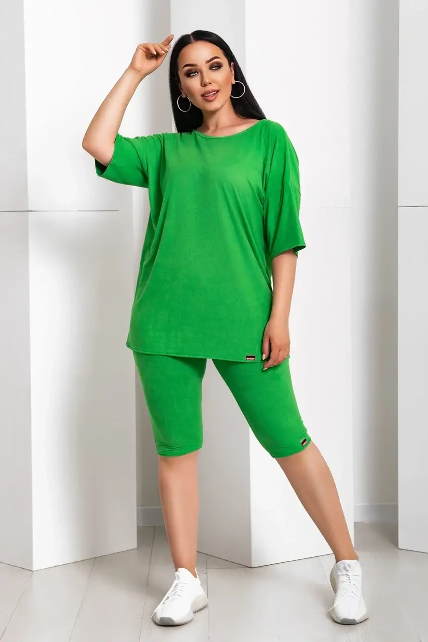 

Женский летний костюм удлинённая футболка и велосипедки.Батальные размеры, 46 48 50 52 54 56 58 60, Салатовый