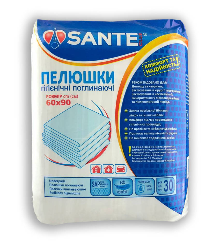 

Одноразовые пеленки 60 (см) х 90 (см), 30 шт/уп SANTE CLUB