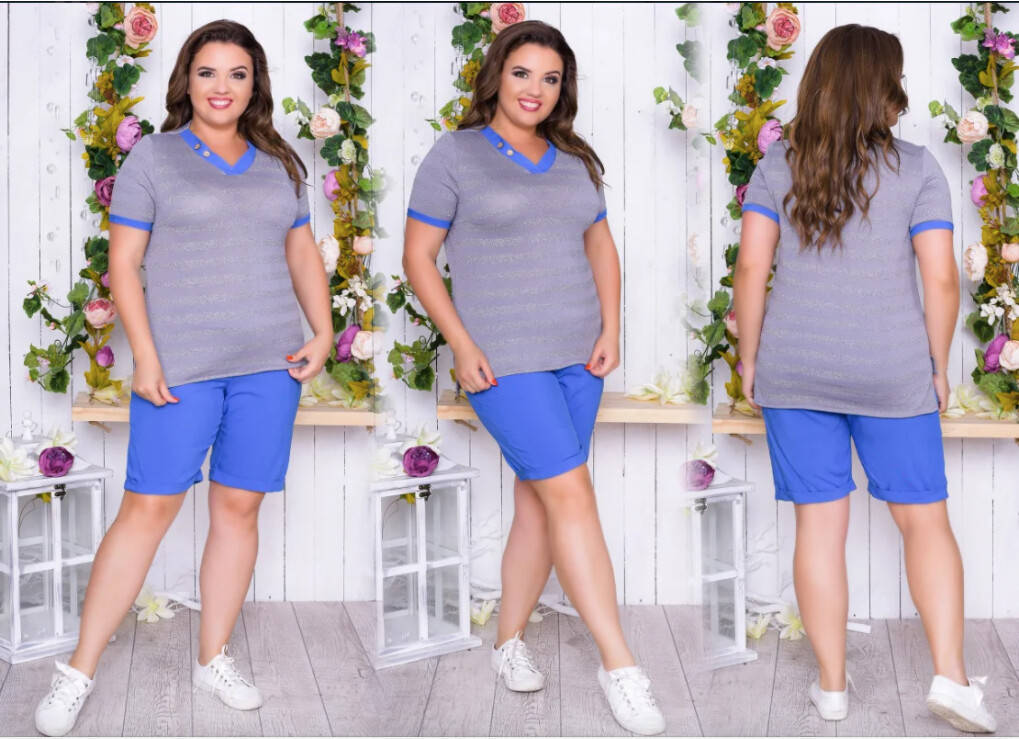 

Шикарный женский костюм Футболка+Шорты Ткань Трикотаж+Штапель 48, 50, 52 размер 48, Серый