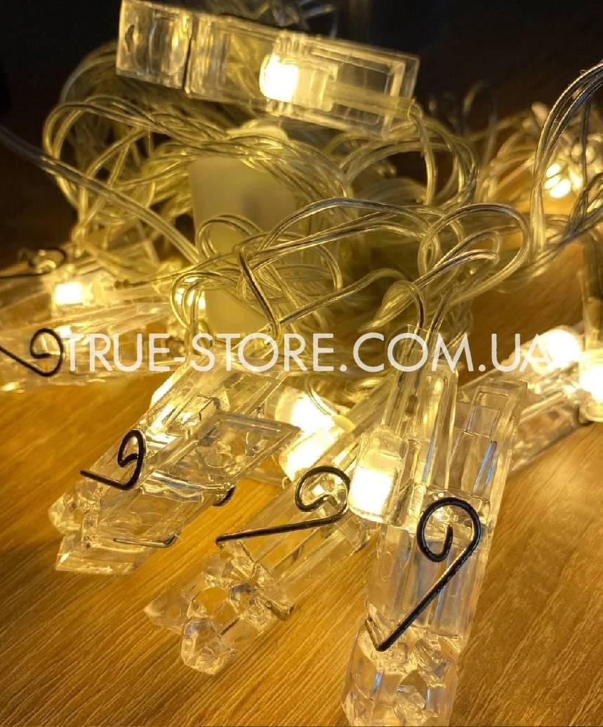 

Гирлянда фигурки прищепки на батарейках , 10LED, 3м+USB, Теплый белый цвет