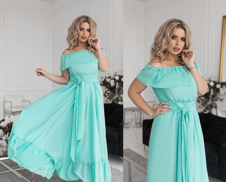 

Летнее платье в пол из креп - шифона, открытые плечи, рюши на груди и внизу платья 48 - 52, мята