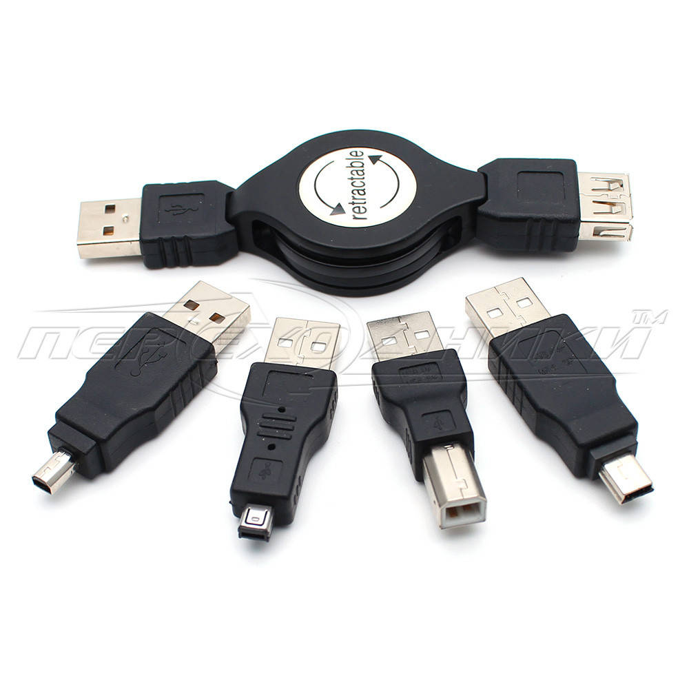 

Набор USB переходников 5 in 1 с USB удлинителем на рулетке, Черный