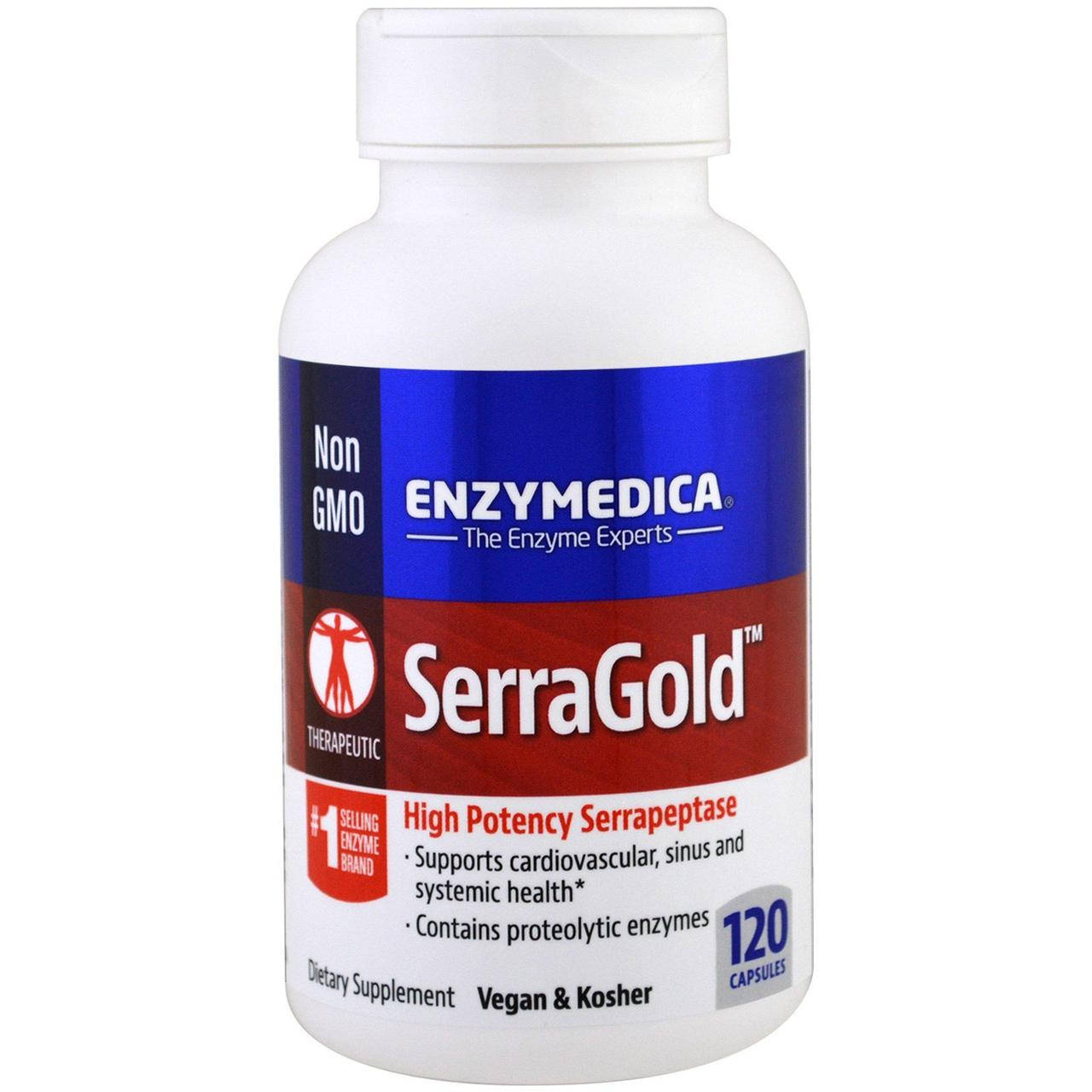

Enzymedica, SerraGold, высокоэффективная серрапептаза, 120 шт., официальный сайт, ENZ-26301