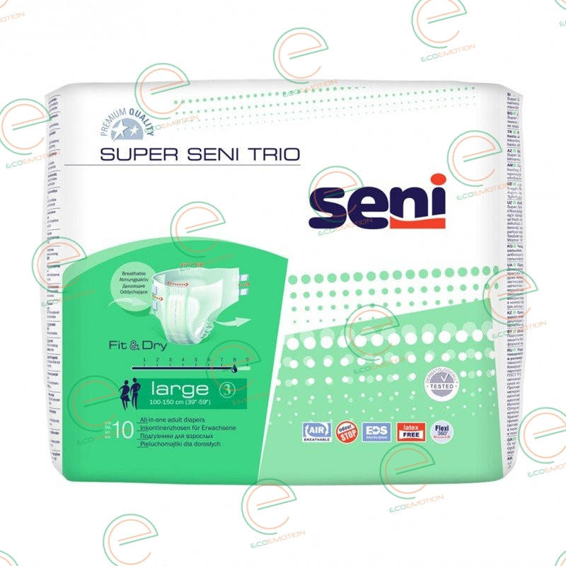 

Памперсы для взрослых Super Seni Trio Large 8 капель, уп.10шт, 3000мл объем талии (100-150 см)
