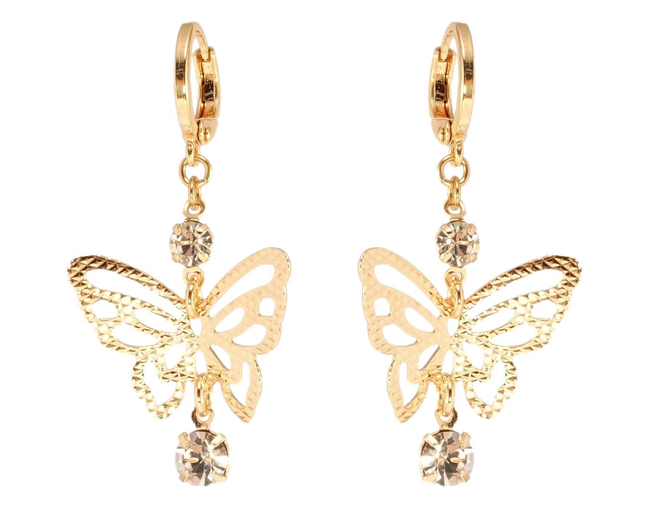 

Серьги Xuping M&L жёлтый оттенок подвески на колечках "Резные бабочки с кристаллами"