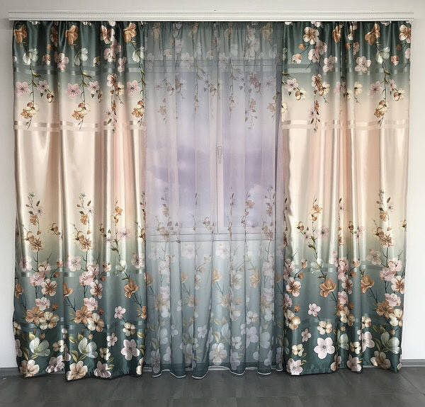 

Комплект штор с тюлем на тесьме 150х270 тюль 400х270 Шторы с тюлем в цветы - Бирюзовый