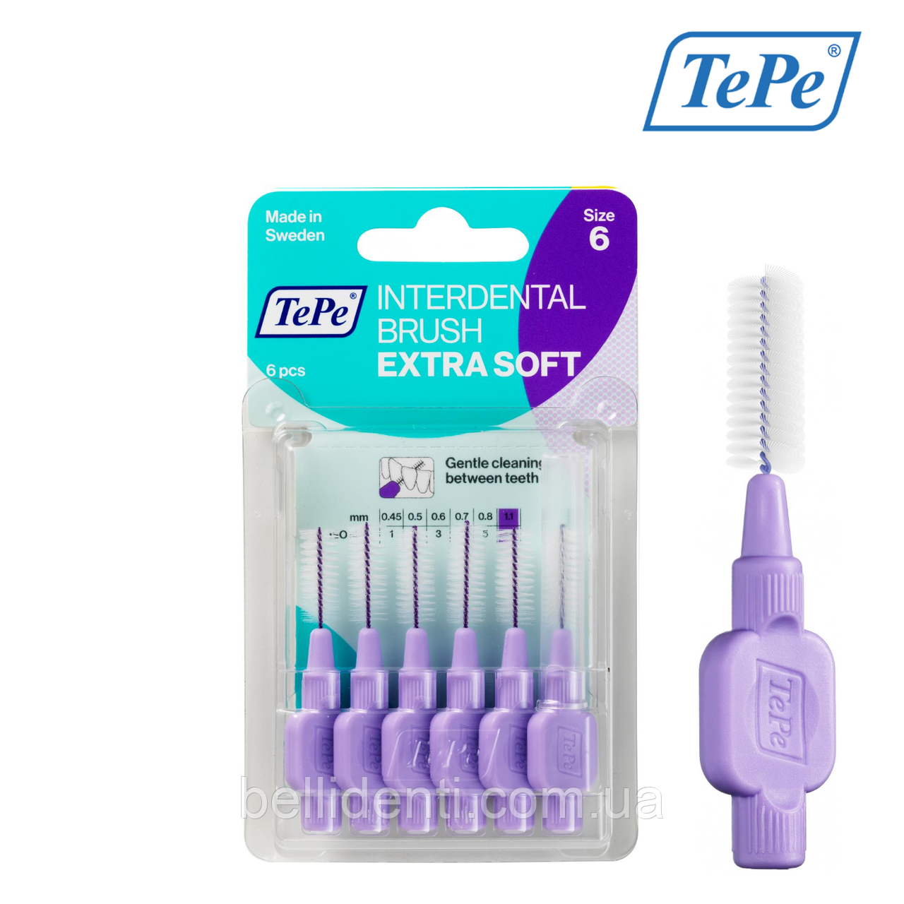 

Межзубная щетка TePe Extra Soft, фиолетовая (1,1 мм), 6 шт.