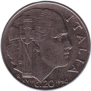 

Виктор Эммануил III. Монета 20 чентезимо. 1940,41 год, Италия. (Немагнитные, ребристый гурт)(АМ)