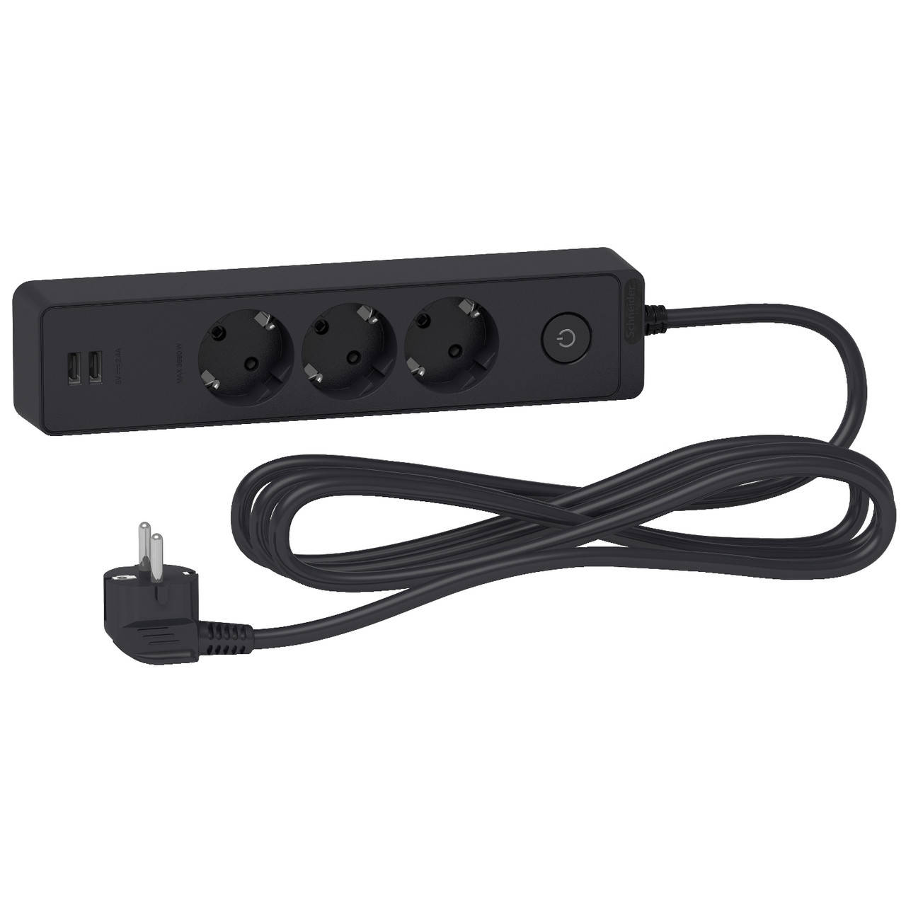 

Удлинитель на 3 розетки с заземлением + 2 * USB черный 3 м SE Unica