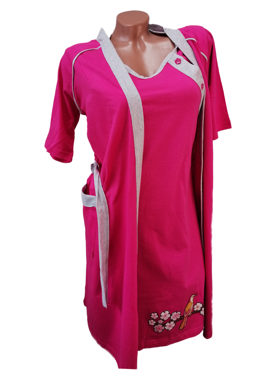 

Комплект женский халат и ночная туника для беременных и кормящих. Цвет малина. Хлопок L(48-50р.)