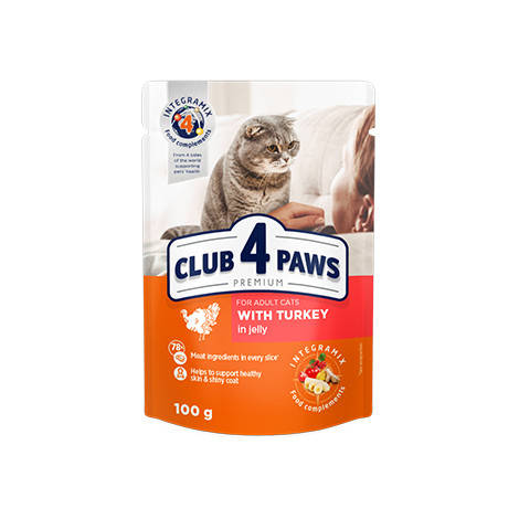 

CLUB 4 PAWS PREMIUM Клуб 4 лапы влажный корм для котов с индейкой в желе, 100 гр.