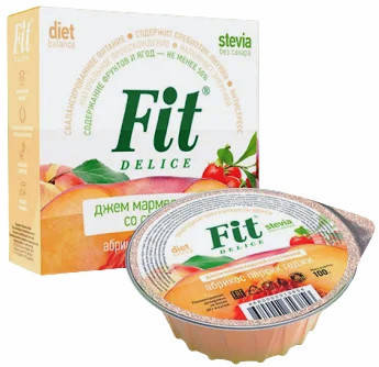 

Джем мармеладный со стевией ФитПарад Fit Delice вкус Абрикос-Персик-Годжи (100 грамм)