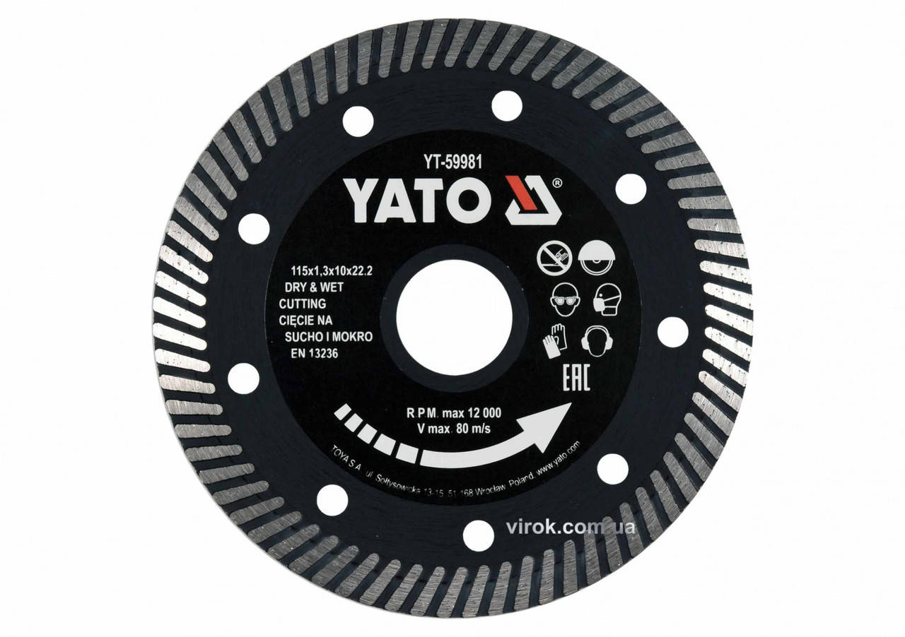 

Диск відрізний алмазний по гресу і кераміці "TURBO" YATO Ø=115x1.3x10x22.2 мм, в мокрому режимі YT-59981