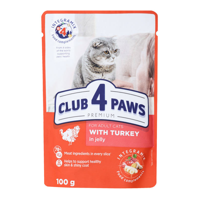

Вологий корм Club4Paws Преміум д/кот. желе Індичка 100г