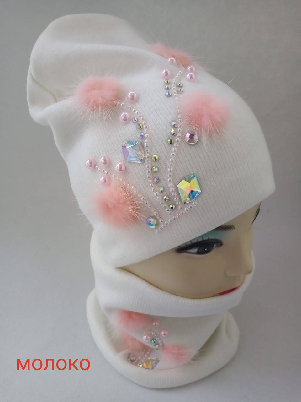 

Шапка и снуд демисезонные девочка размер 52-54, Молочный