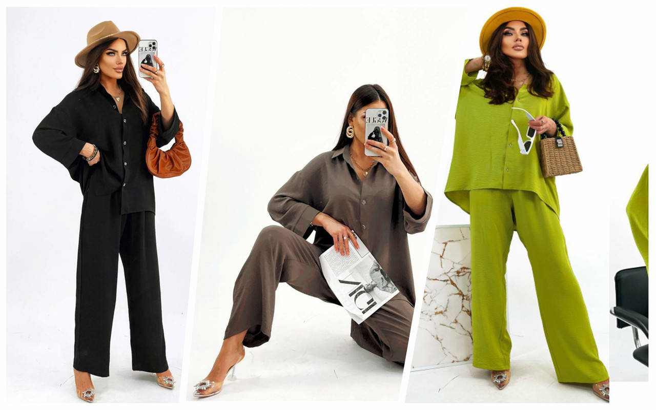 

Женский летний брючный костюм рубашка и брюки широкие из жатки размеры норма и батал 60/62, черный