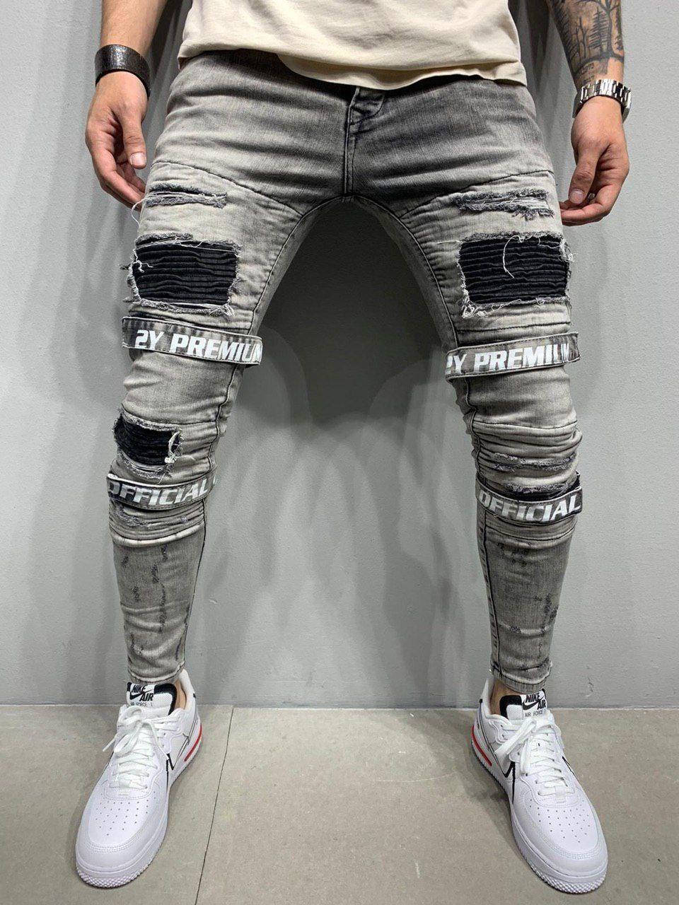 

Джинсы мужские серые 2YPREMIUM ,зауженные рваные джинсы Турция с липучками, модные мужские джинсы 32