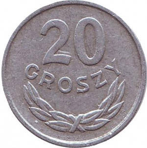 

Монета 20 грошей. 1957-85 год, Польша. (В)