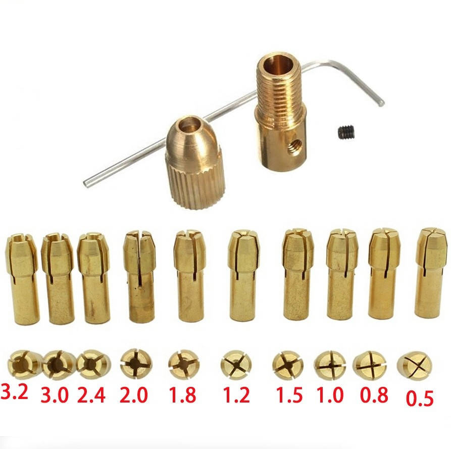

Патрон цанговый на вал 3.17 мм. зажим 0.5 мм. - 3.2 мм. + 10 цанг + ключ. Для мини дрели