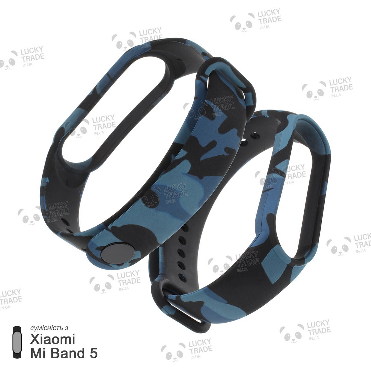 

Ремешок Xiaomi Mi Band 5 с рисунком принтом силиконовый браслет Камуфляж - Черный / Синий [1021]