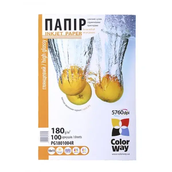 

Бумага ColorWay PG180-100 White 10х15, 100 шт, глянцевый 180г/м2