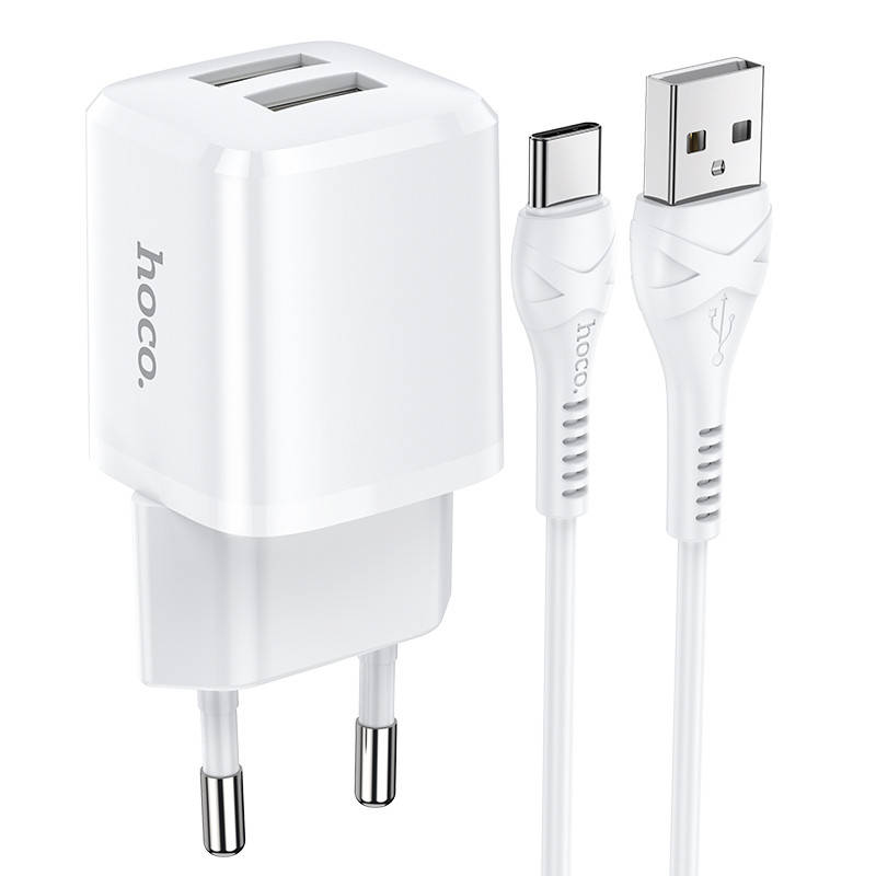 

Сетевое зарядное устройство для телефона Android + кабель Type-C HOCO N8 |2USB, 2.4A| Белый