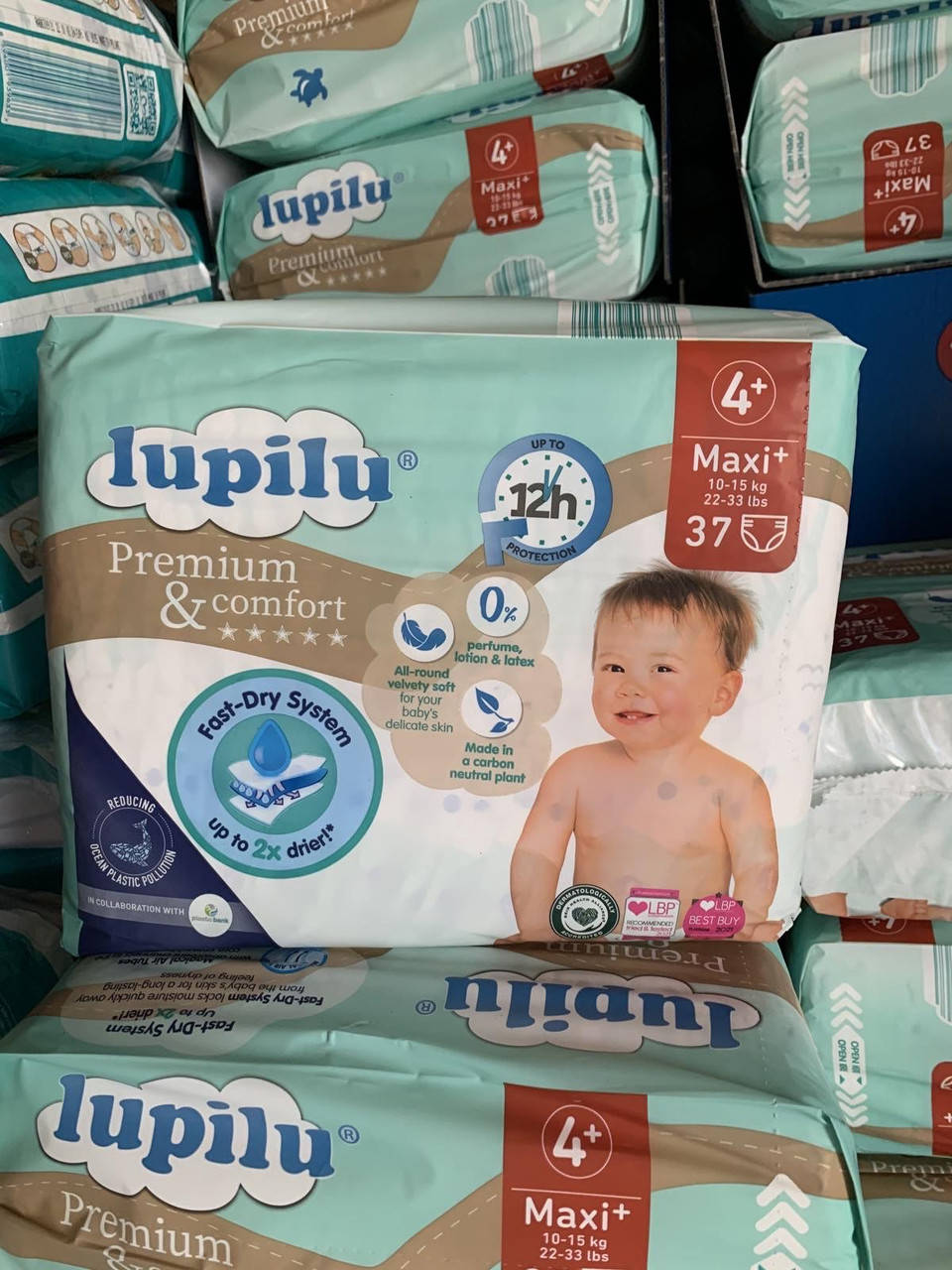 

Подгузники Lupilu premium&comfort 4+ (10-15кг) 37шт, Зелёный