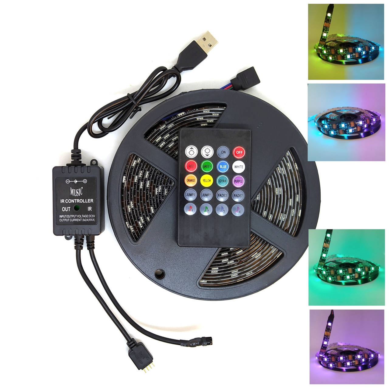 

Светодиодная лента 5В RGB SMD5050 (30шт/м) 5 метров. Комплект со светомузыкальным контроллером (USB)