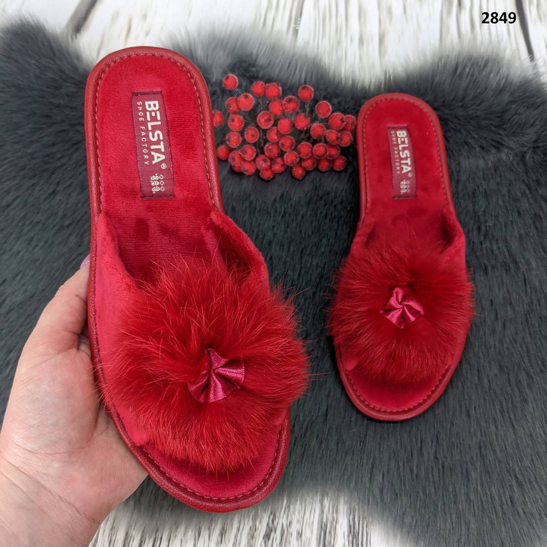 

Тапочки женские Белста красные велюровые с пушком открытый носок, Красный