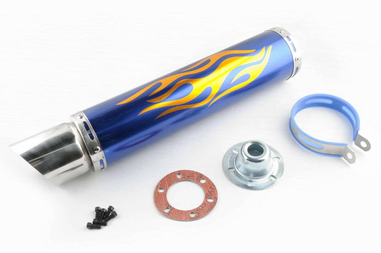 

Прямоток на мотоцикл 420*100mm, креп. Ø78mm (нержавейка, пламя, синий, прямоток, mod:1)