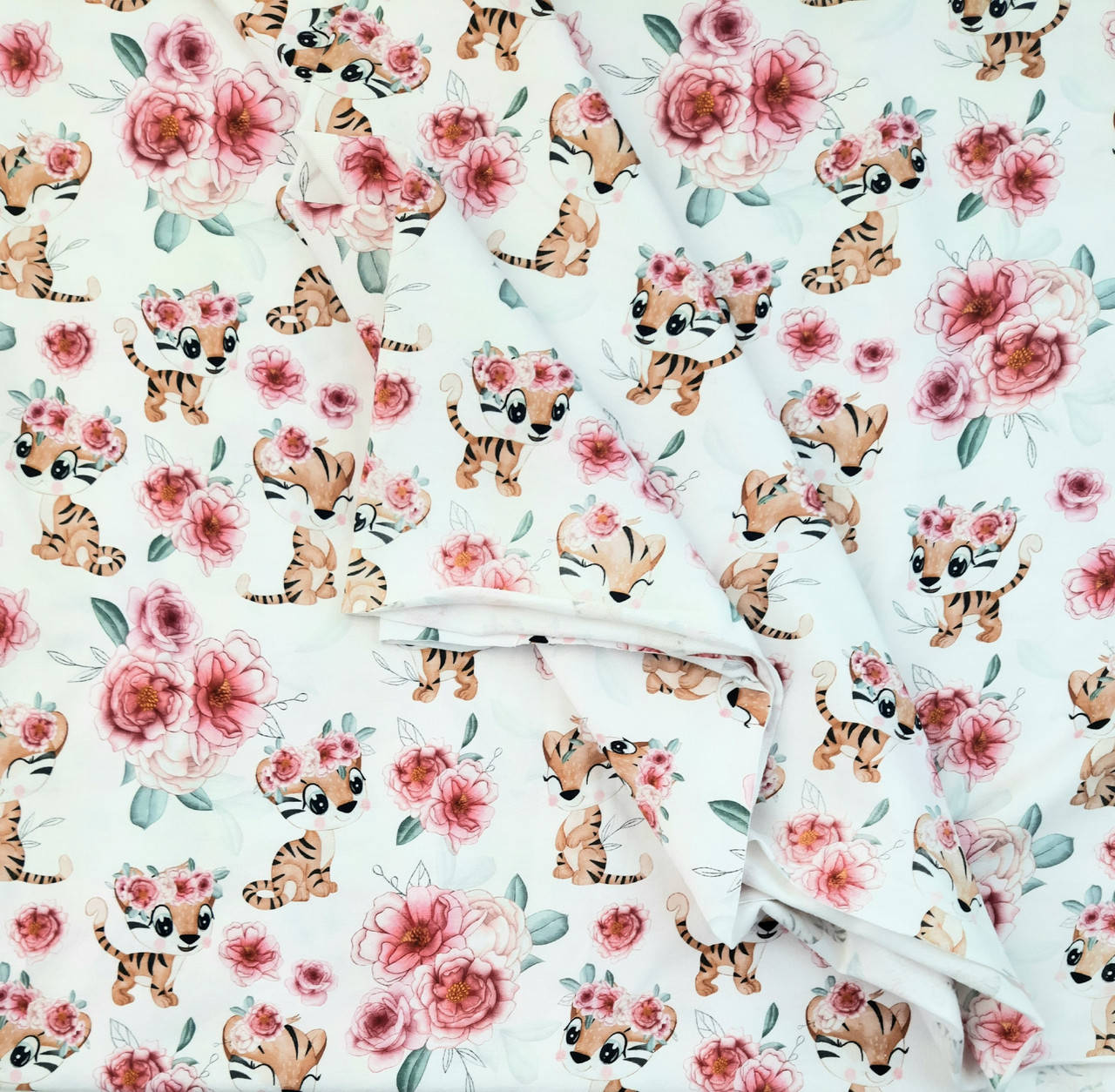 

Стрейч кулир принт "Тигрята в веночках на белом", 180 см, диджитал,, Белый