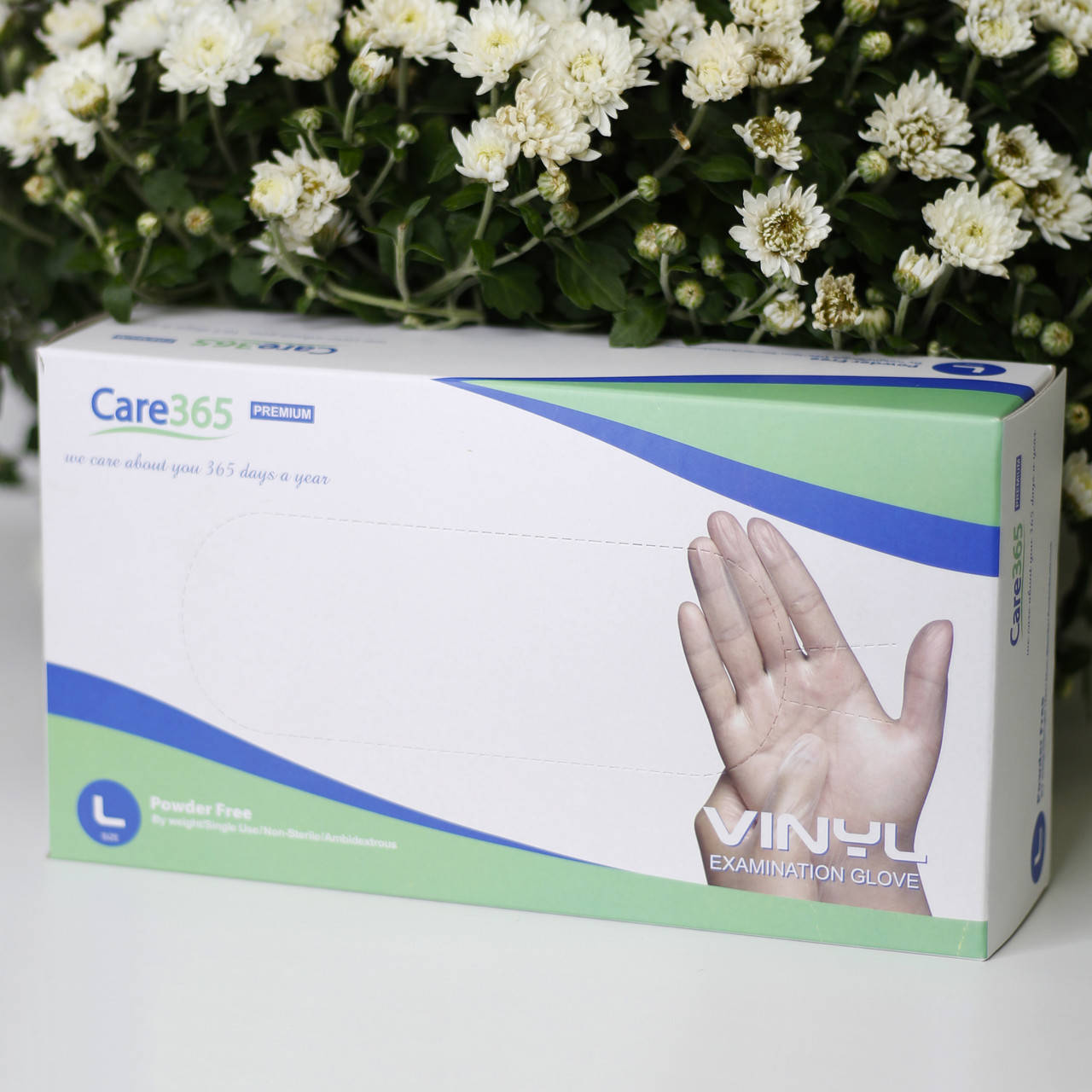 

Перчатки виниловые неопудренные смотровые Care 365 Premium, 100шт/уп L