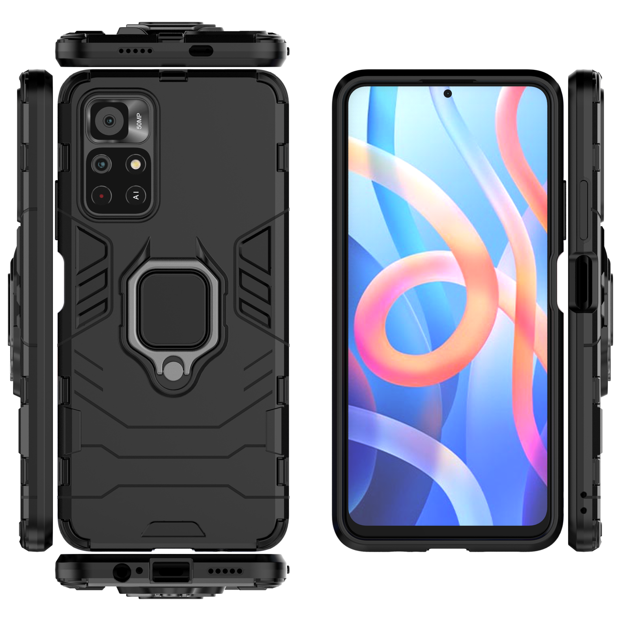 

Бронированный чехол для Xiaomi Poco M4 Pro 5G с кольцом Black, Черный