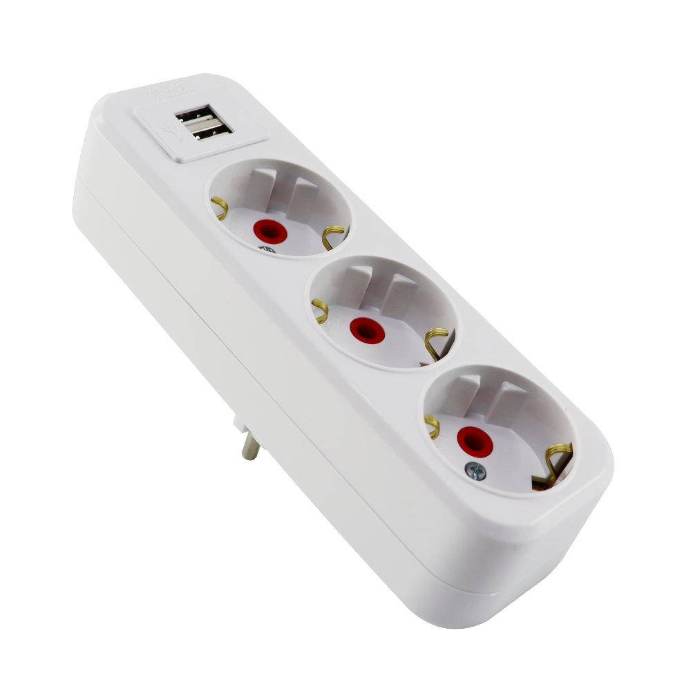 

Тройник-разветвитель с заземлением, 16А, и 2гн USB 2,1А прямой, белый, AY-KA